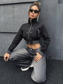 SHEIN ICON 秋冬女士黑色长袖时尚夹克 - 黑色 - 查看 7