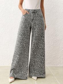 SHEIN Essnce 女式豹纹口袋阔腿宽松休闲牛仔裤 - 灰色 - 查看 3