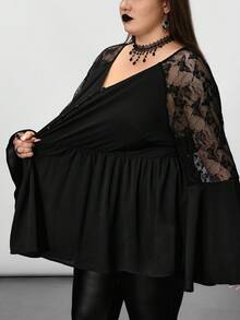 SHEIN CURVE+ Plus-Size Women's Black Long-Sleeved Lace-Spliced Solid-Color Top, Black Shirt/Autumn /Winter Halloween - Black - View 7