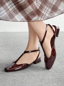 CUCCOO BIZCHIC Women's Square Toe Comfortable Fashion Commuter T-Strap Coffee Mirror Flat Shoes, Spring Casual Wear Commuter Elegant Aesthetic Vintage Style Wedding Outfit