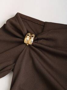 Sweetra Women's New Autumn/Winter Basic Versatile 2 Pieces Set, Metal Decor Asymmetrical Open Shoulder Long Sleeve Top & Casual Straight Wide-Leg Pants Suit