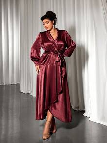 Cravure Váy suông tay loe cổ chữ V bóng loáng cỡ lớn cho nữ, viền bất đối xứng ở eo - Màu Đỏ Sâu - Xem 5