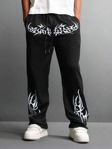 SUMWON Quần nỉ họa tiết Graffiti có thiết kế nghệ thuật Gothic, quần dài mùa đông rộng rãi, phong cách đường phố, thường ngày, thẩm mỹ Gothic, quần dài rộng thùng thình, trang phục lễ hội - màu đen - Xem 1