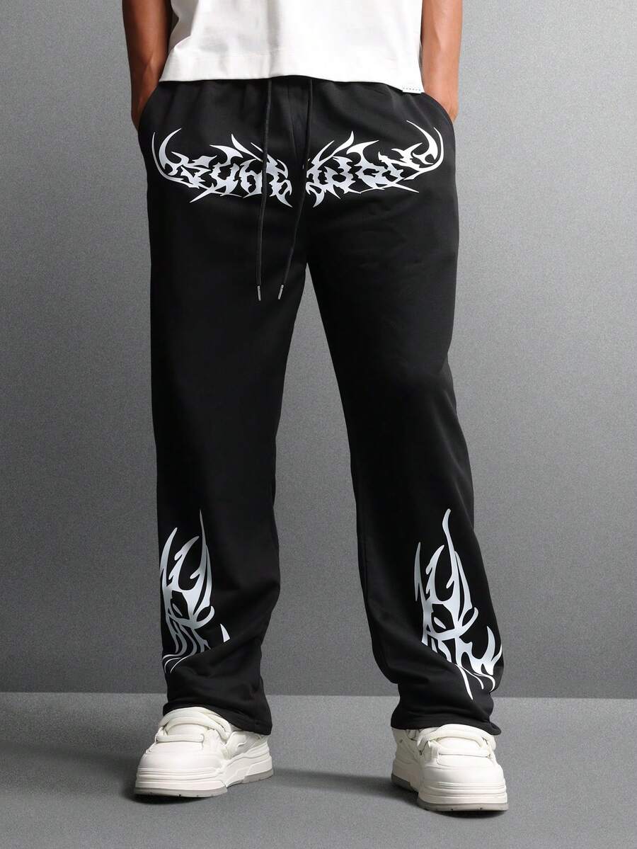 SUMWON Quần nỉ họa tiết Graffiti có thiết kế nghệ thuật Gothic, quần dài mùa đông rộng rãi, phong cách đường phố, thường ngày, thẩm mỹ Gothic, quần dài rộng thùng thình, trang phục lễ hội - màu đen - Xem 1