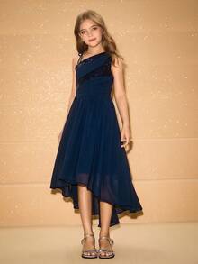 青少年女孩时尚派对不对称下摆肩部连衣裙，派对装 - 藏蓝色 - 查看 1