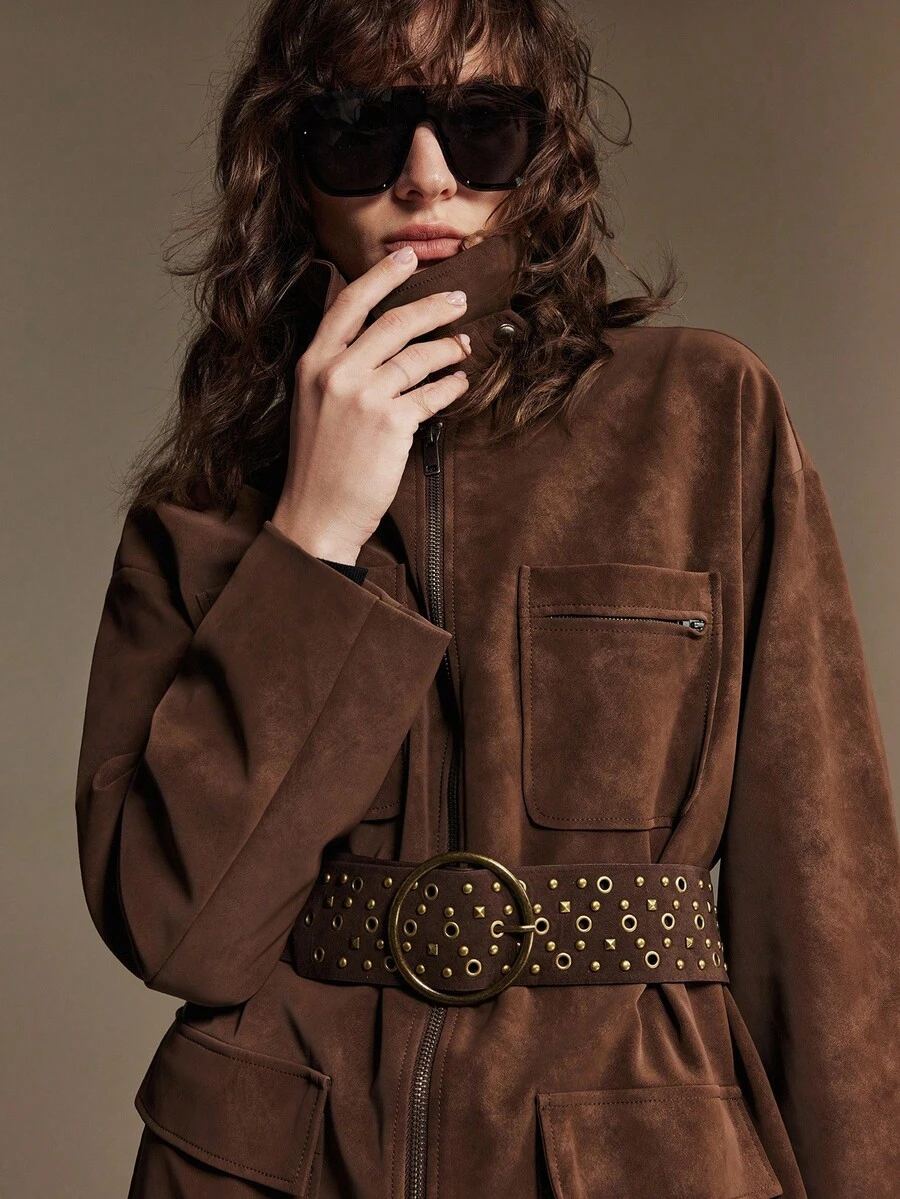 Ontre 2025新款女士冬季外套,高级百搭日常穿搭,深咖啡色,高领,腰带,口袋,宽松版型,长袖,柔软梭织面料,商务休闲,畅销纯色女式外套,商务通勤,万圣节,圣诞节,节日,度假派对,婚礼宾客着装,日常穿着,情人节,感恩节,秋冬季,韩版风格,时尚设计,适合5-15℃,优雅简约,时尚百搭通勤女式外套 - 鏽棕色 - 查看 1