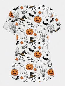 PopScrub Halloween V-Neck Short Sleeve Double Pocket Cute Halloween Pumpkin, Ghost, Witch, Spider, Bat, Pumpkin Lantern Nurse/Doctor Uniform Top/Health Check Surgery Uniform/Solid Color Pet Grooming Uniform Top/Nutritionist Workwear Short Sleeve/Lab Coat With Multi-Pockets Functional Workwear