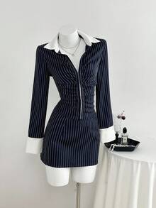 Elamini Bộ 2 áo sơ mi tay dài hở ngực kẻ sọc xanh navy và chân váy ngắn ôm sát, trang phục đi làm hàng ngày, trở lại trường, phong cách đại học - Màu xanh hải quân - Xem 3