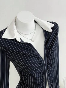 Elamini Bộ 2 áo sơ mi tay dài hở ngực kẻ sọc xanh navy và chân váy ngắn ôm sát, trang phục đi làm hàng ngày, trở lại trường, phong cách đại học - Màu xanh hải quân - Xem 6