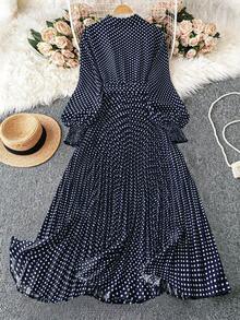 SHEIN Unity Đầm Maxi Tay Dài Họa Tiết Chấm Bi Thanh Lịch Cho Nữ Cỡ Lớn, Trang Phục Thu Đông Năm Mới - Màu xanh hải quân - Xem 2
