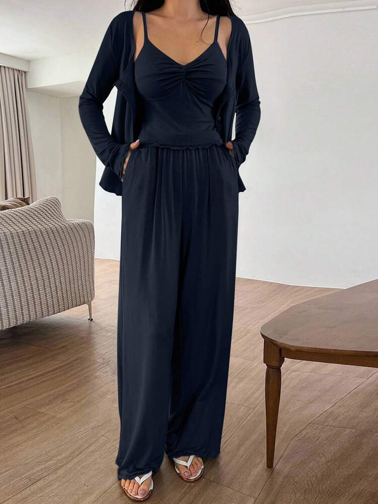 3pcs Solid Color Knit Twist Design Camisole Top & Open Front Top & Pants Women Lounge Set Fall Winter Clothes