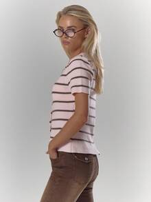 MUSERA Striped Rib Knit Button Through Fitted Short Sleeve Top Fall Autumn Cosy Cute Casual Coffee Club Winter  Elegant Evening Party  Spring Sweater - Pink - View 4