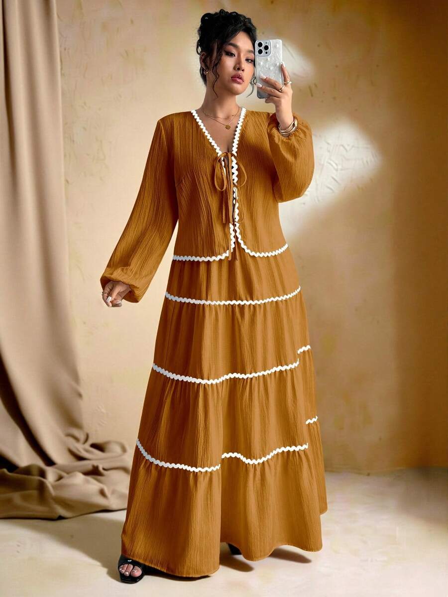 SHEIN Tall Conjunto de 2 peças elegante e romântico francês, composto por: Cardigan de manga longa com textura trançada e cinto de amarrar para mulheres plus size, design de bainha com babado contrastante, e Saia Maxi com cintura elástica - Laranja - Visão 1