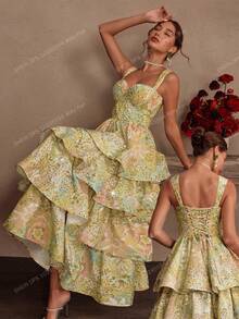 Anewsta Savoree 优雅水钻紧身连衣裙，性感女士服装，适合夏季、海滩、节日、假日 - 芥末黃 - 查看 4