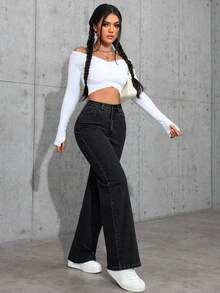 SHEIN PETITE Women Casual Slant Pocket Straight Leg Jeans