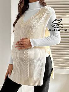 SHEIN 孕妇V领扭纹图案侧开衩下摆休闲针织背心