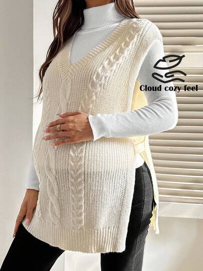 SHEIN 孕妇V领扭纹图案侧开衩下摆休闲针织背心