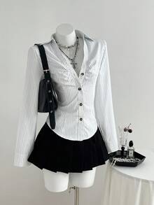 Elamini 1 chiếc áo cánh ren khoét lỗ sọc trắng ôm vừa vặn gợi cảm dành cho nữ, mùa thu - trắng - Xem 1