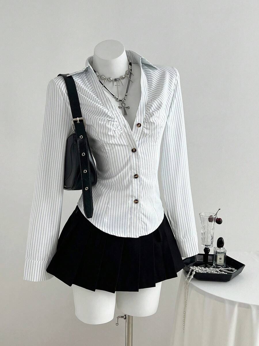 Elamini 1 chiếc áo cánh ren khoét lỗ sọc trắng ôm vừa vặn gợi cảm dành cho nữ, mùa thu - trắng - Xem 1