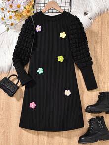 SHEIN 青少年女孩优雅 3D 花卉装饰泡泡袖黑色连衣裙，适合秋冬、度假、夏季、旅行