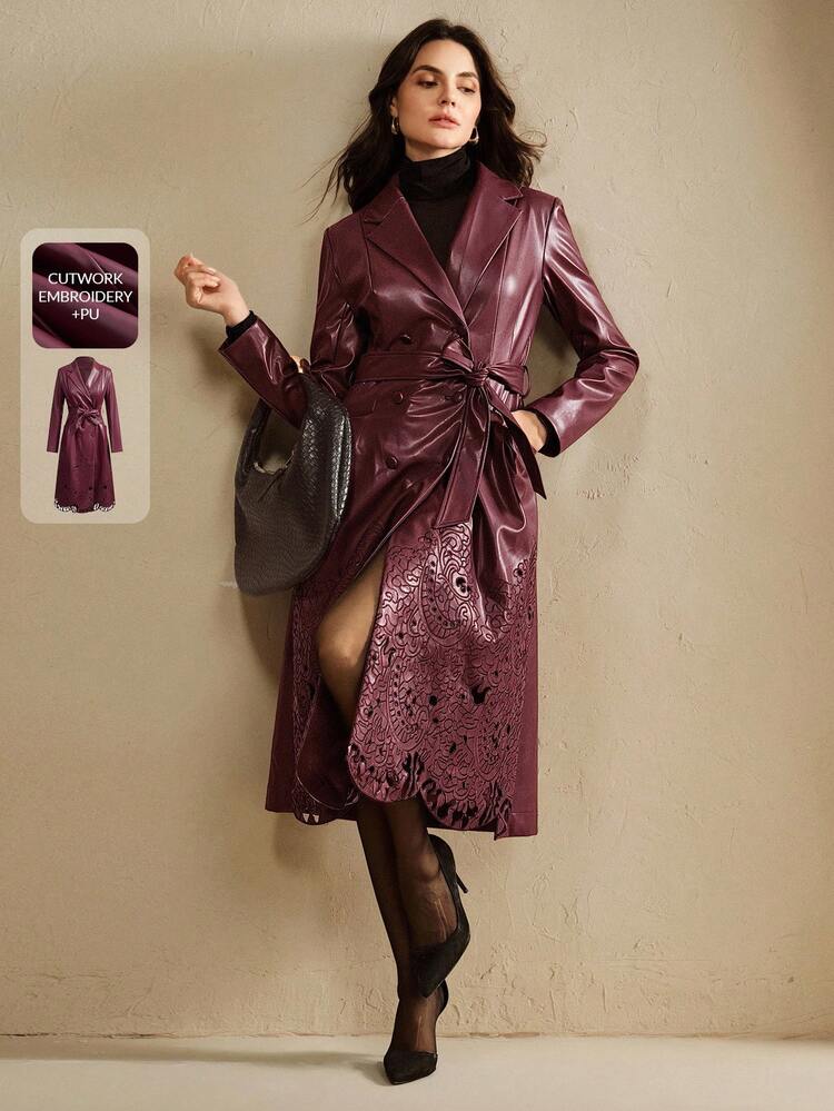 Women's Long Black Modern PU Hollow Embroidered Double-Breasted Waist Trench Coat, Autumn/Winter