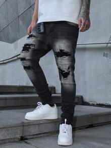 Manfinity EMRG Quần Jeans Denim Miếng Dán Cho Nam, Quần Ôm Vừa Phong Cách Đường Phố - màu đen - Xem 3