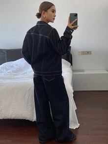 Livesso 女士休闲翻领上衣和牛仔裤套装，秋季 - 深色水洗藍 - 查看 2