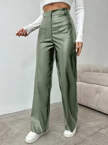 EURMUSE Women's Solid Color High Waist Straight Leg Pants, Suitable For Commuting - Green - View 3