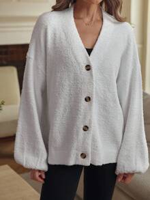 Louniche Cárdigan casual de mujer de cuello en V suelto con forro polar por un solo lado, suave y cómodo, para otoño/invierno - Blanco - Ver 4