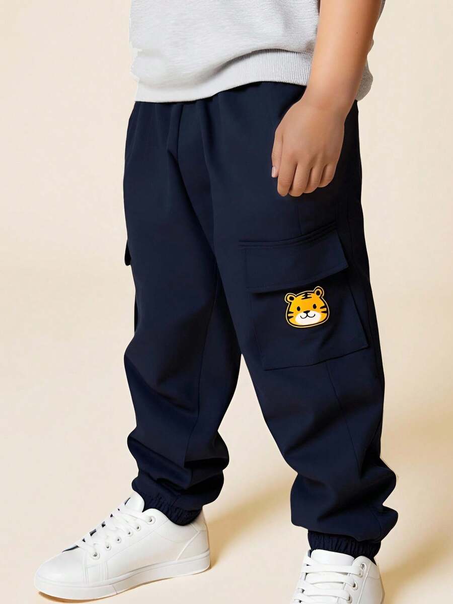 Cozy Pixies Young Boy Cartoon Tiger Graphic Elastic Waist Tapered Leg Casual Cotton Twill Jogger Pants, Versatile & Comfortable Fall Winter