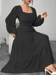 Modelyn Plus Size Women Knitted Long Sleeve Split Square Neck Frill Trim Dress - Black - View 7