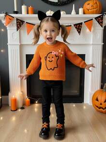 SHEIN Vintaside Kids Baby Girls' Cute Halloween Burnt Orange Sweater With Ghost & Floral Pattern,Autumn Knitted Long Sleeve Pullover,Matching Family Soft Casual Pullover - Coral Orange - View 7