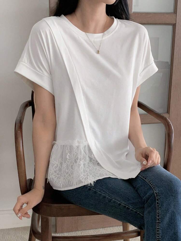 Women's Summer Round Neck Waist Lace Patchwork Casual Pullover Short Sleeve T-Shirt