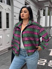 SHEIN EZwear 大码女式休闲拉链短款夹克，秋冬多色可选 - 淡紫色 - 查看 4