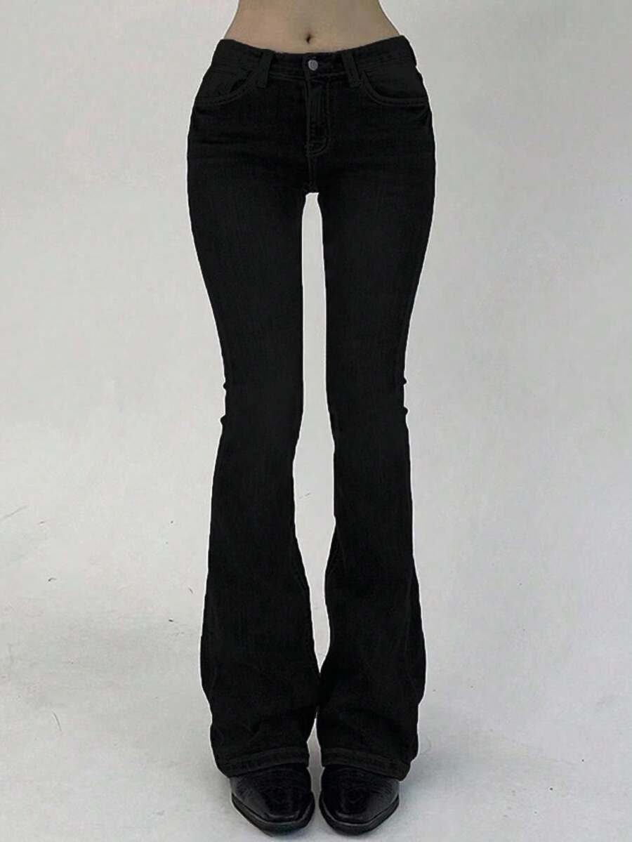 DAZY Women's Slim Fit Low Waist Flare Leg Long Denim Jeans - Black - View 1