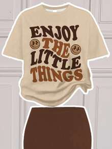 SHEIN Bộ 2 chiếc áo thun cổ tròn tay ngắn in họa tiết mặt cười và thái độ phong cách thường ngày thanh lịch dành cho bé gái tuổi teen và quần ống loe, phù hợp cho mùa thu/đông - Nhiều màu - Xem 3