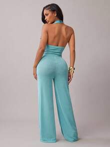 Radiana Women's Sexy & Elegant Halter Neck Backless Jumpsuit In Aqua Blue, Suitable For Dates, Gatherings, Parties, Nightclubs, Carnivals - Blue - View 3