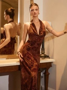 Poéselle Abito aderente di media lunghezza con stampa floreale, scollo a V profondo e schiena scoperta, di moda e sexy - Marrone ruggine - Visualizzare 5