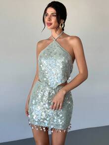 Firerie Women's Elegant Sexy Backless Sequin Halter Crop Top And Low Waist Fringed Mini Skirt Two Pieces Set, Suitable For Summer Vacation, Party, Music Festival, Date - White - View 1