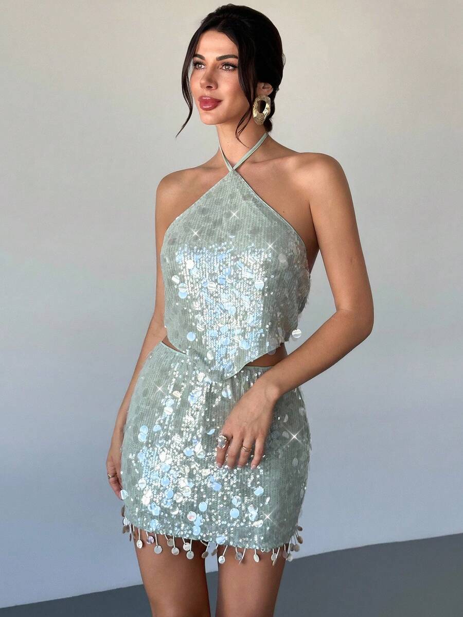 Firerie Women's Elegant Sexy Backless Sequin Halter Crop Top And Low Waist Fringed Mini Skirt Two Pieces Set, Suitable For Summer Vacation, Party, Music Festival, Date - White - View 1