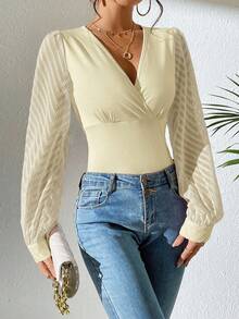 EMERY ROSE Women's Overlap V-Neck Long Sleeve Fitted Fashionable Blouse - Light Yellow - View 6