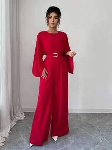 Elenzga Women's Round Neck Batwing Sleeve Jumpsuit With Belt, Elegant Loose Fit Romper For Daily, Work, Business, French Romantic Date, Holiday, Autumn/Winter, Red - Red - View 4