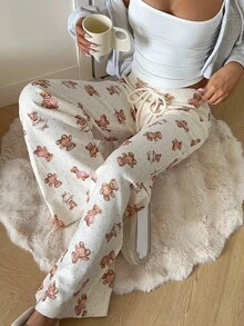 SHEIN EZwear Damen Bekleidung Herbst und Winter Cartoon Bär beige Weihnachten süße Heim Hose Wolle warm Kordelzug Taille weites Bein locker lässig gestrickt Hose weiß Muster Hose weiß Bär gestrickt Hose
