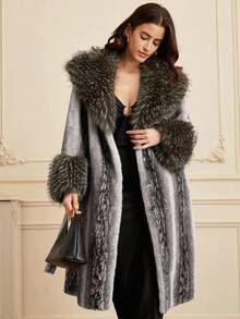 GENKIRA 2025新款仿狐狸毛大衣女款水貂皮大衣全貂皮大衣中长款皮草夹克 - 灰色 - 查看 5