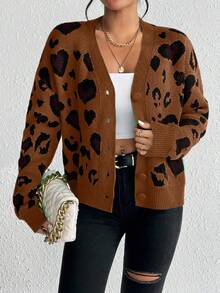 EMERY ROSE 女士休闲豹纹纽扣式蝙蝠开衫，秋冬 - 摩卡棕 - 查看 6