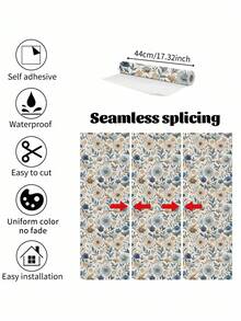 1 卷法国复古风格自粘墙纸 - 蓝色和棕色花卉图案，防水防潮接触纸，可移除和重复使用，适用于卧室、餐厅、客厅电视背景、橱柜、桌子、书架、家具翻新等家居装饰，易于安装 - 彩色 - 查看 7