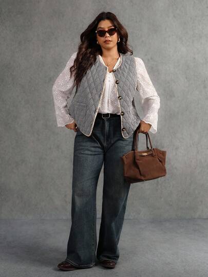 Elaquor Chaqueta sin mangas casual a cuadros de talla grande, otoño/invierno