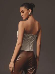 Hauture Formal Old Money Business Office Sexy 3D Cargo Pocket Strapless Bandeau Bustier Top - Khaki - View 3