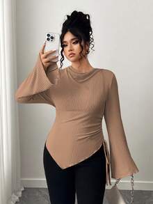 Elenzga Plus Size Women's Soft Brushed Apricot Long Sleeve T-Shirt, Asymmetrical Hem, Suitable For Commuting And Dating, Autumn/Winter - Khaki - View 1