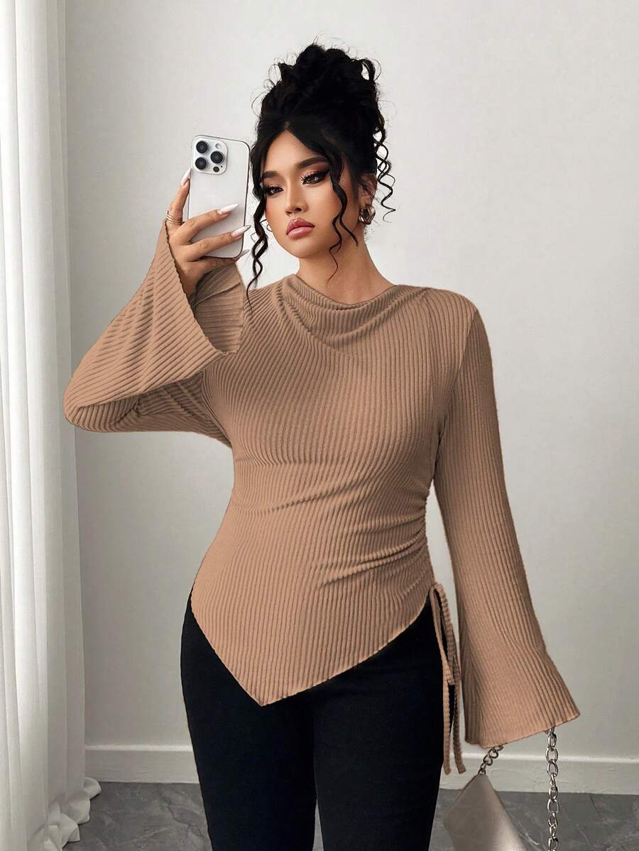 Elenzga Plus Size Women's Soft Brushed Apricot Long Sleeve T-Shirt, Asymmetrical Hem, Suitable For Commuting And Dating, Autumn/Winter - Khaki - View 1